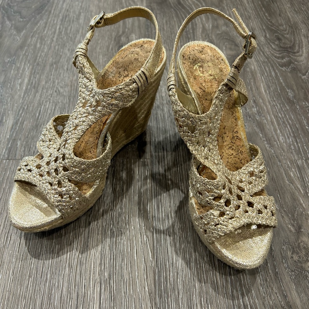 Gianni Bini Gold Crochet Wedge Sandals